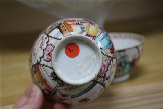 Three 18th century Chinese family rose tea bowls and two saucers, two other teabowls and three wood stands